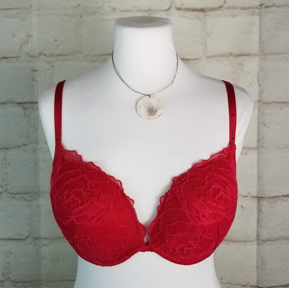 La Senza 36C Red Lace Overlay Push-Up Bra Thick Foam Padded Cups Underwire - Picture 10 of 10
